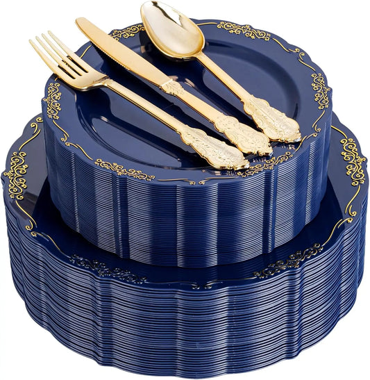 150Pcs Blue Plastic Plates Heavy Duty Navy Blue Disposable Plates with Gold Plastic Silverware include 30 Dinner Plate,30 Des
