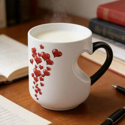Heat Sensitive Color Changing Magic Mug with Romantic Heart Handle Cute Gift for Birthday Anniversary Valentine's Day Coffee Cup