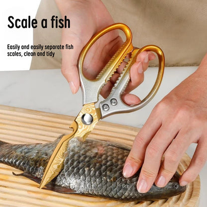 Golden Damascus pattern kitchen scissors, high hardness and strong chicken bone barbecue food specific scissors