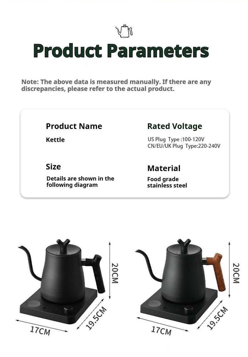 Gooseneck Electric Kettle 1L: Smart Temp Control for Pour-Over Coffee, Fast Boil Stainless Steel, 110V & 220V