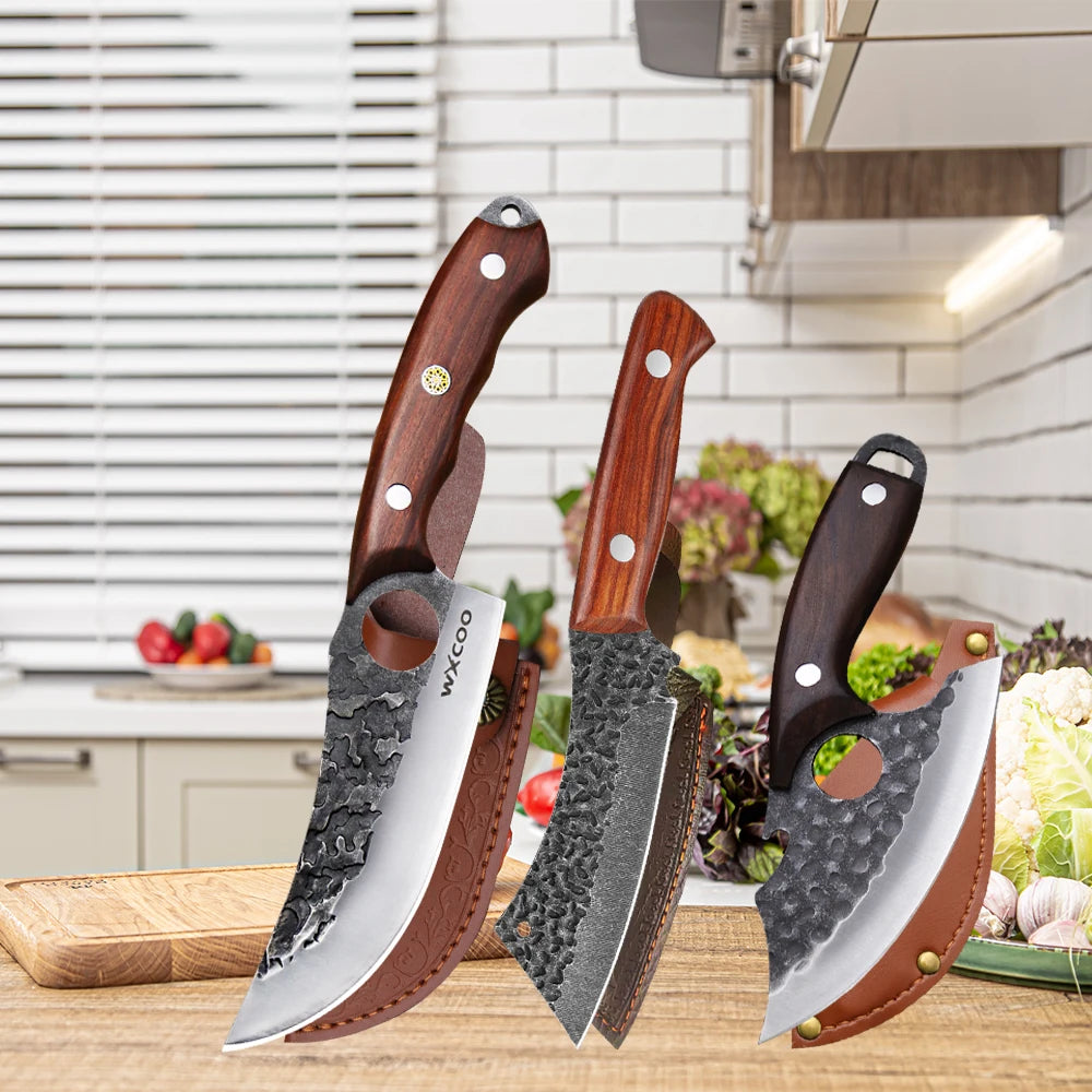 WXCOO Multifunctional Hand Forged Butcher Knife Kitchen Knife Durable Blade for BBQ Meat Cutting Boning Knife Wooden Handle
