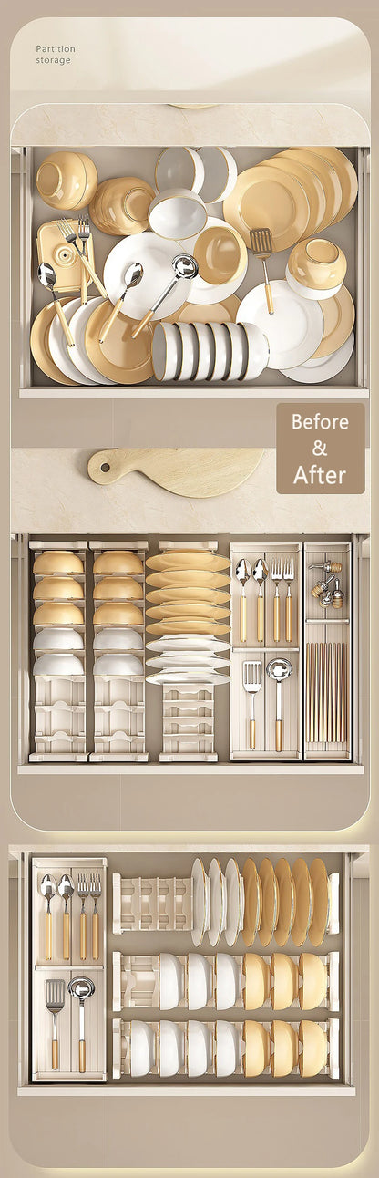 HeMu Adjustable Dish Rack, Expandable Plate Organizer for Kitchen Cabinet, Suitable for 6-9 Inch Bowls/Plates Kitchen Organizer