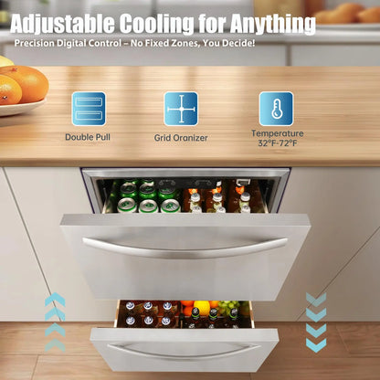HCK 24 Inch Under Counter Double Drawer Fridge, Stainless Steel Outdoor Beverage Refrigerator for Patio, Built-in Beverage Fridg