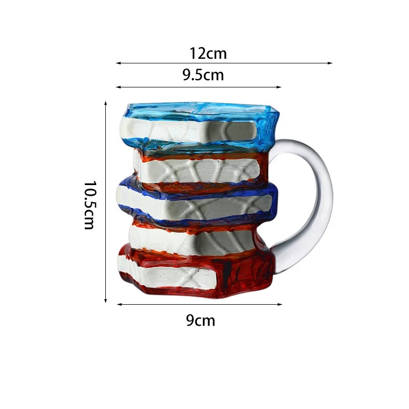 JUSTINLAU Irregular Painted Book Mug Coffee Cup High Borosilicate Glass Drinking Cup with Handle Book Cup Beer Mug Breakfast Cup