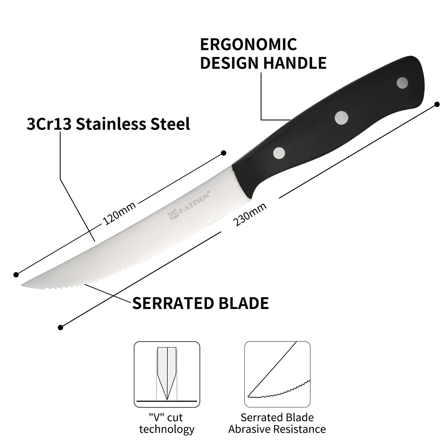8 Pieces 5 Inch Steak Knives Set, Pointed Tip Serrated Steak Knives With POM Triple Rivets Handle, Dishwasher Safe