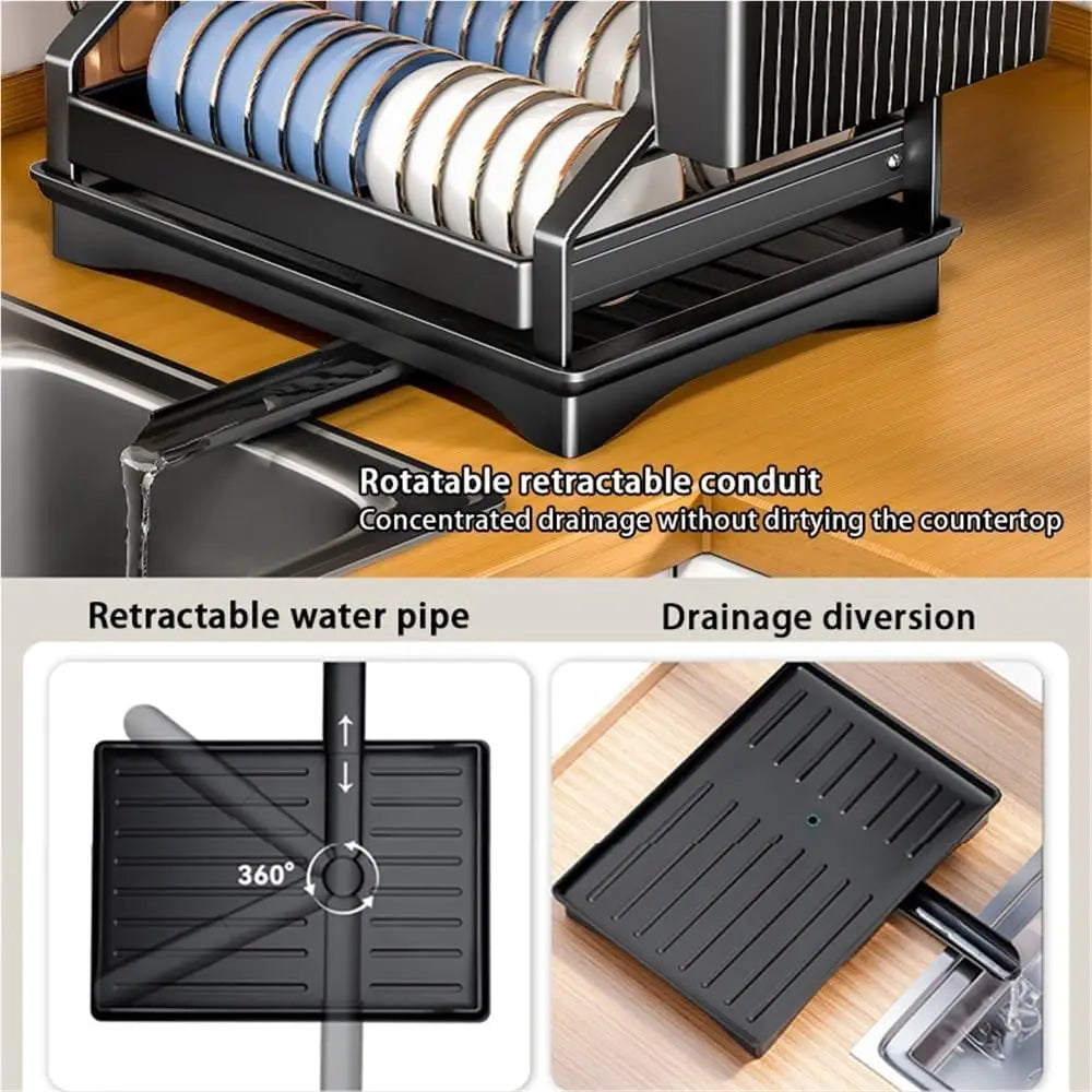 2-Tier Dish Drying Rack for Kitchen Counter, Large Dish Rack with Drainboard, Carbon Steel Kitchen Dish Rack with Utensil Holder