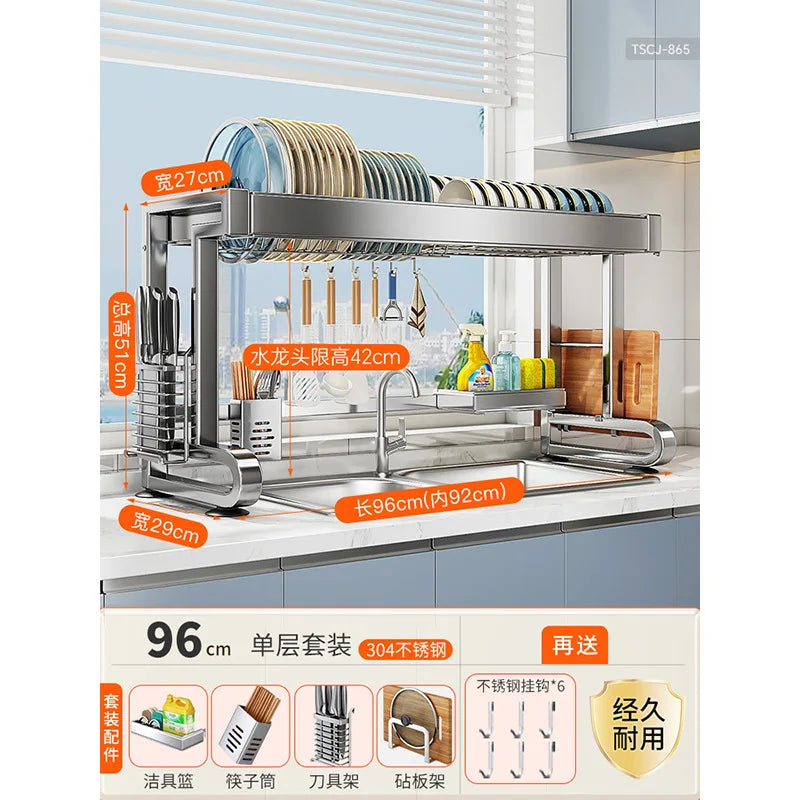 304 Stainless Steel Sink Storage Rack 2 Layers Kitchen Shelf Multifunctional Bowl Dish Drain Basket Space Saving Organize Shelf