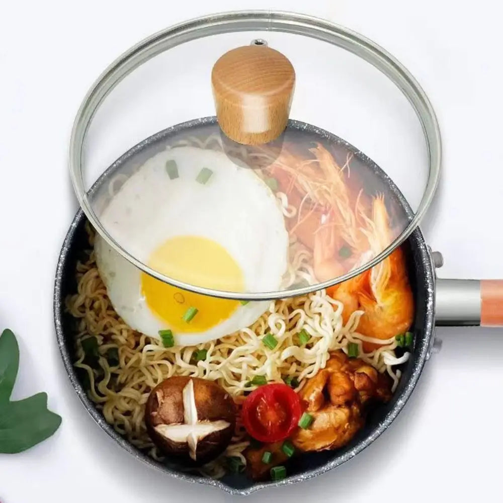 Non-Stick Milk Pot Wood Handle Universal Soup Pot Japanese Style with Lid and Pour Spout Cooking Saucepan Baby Food
