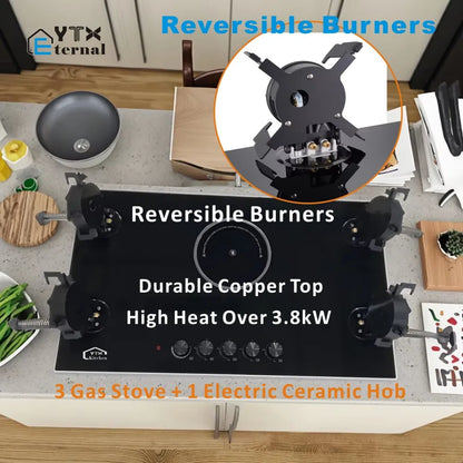 4 Gas 1 Electric Ceramic Hob, Multi-Functional Glass Cooktop, Reversible Burners, Gas Stove for Outdoor RV and Indoor Use