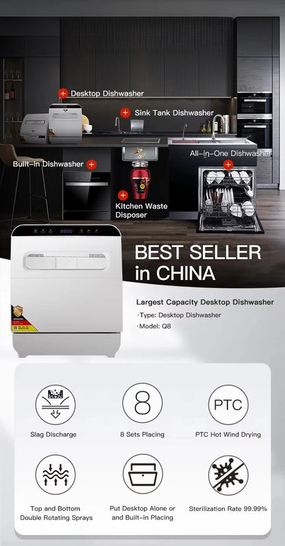 Deshi Countertop Automatic Dishwasher Model Q8 1000W Large Capacity 8 Place Settings Dual Top-and-bottom Spray Arms Smart
