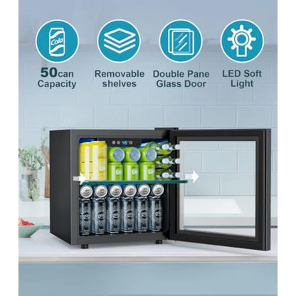Beverage refrigerator for home dorm bar use, black glass-door mini fridge with adjustable digital temperature control, holds 50