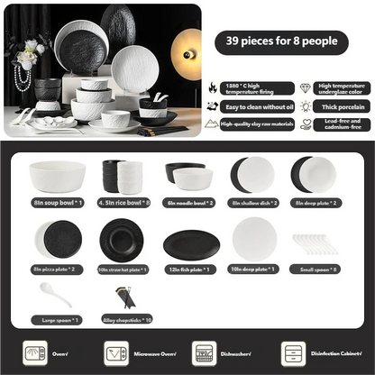 Tableware Set Black And White Rock Slab 8/16/34/55pcs Ceramics Dish Sets Full Set Luxury Dinnerware Set For 2/4/6/8/10 Persons