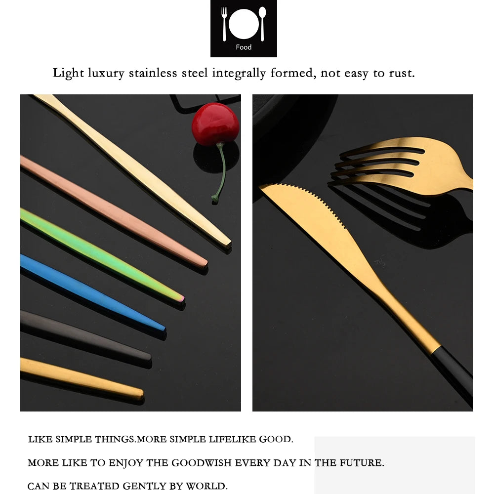 4Pcs black Gold Matte Cutlery Set Stainless Steel Dinnerware Silverware Flatware Set Home Knife Fork Spoon Picnic Tableware Set
