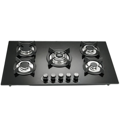 Built-In 5-Burner Multi-Head Gas Stove Tempered Glass Panel LPG/Natural Gas Battery Hotel Home Use Electronic Ignition