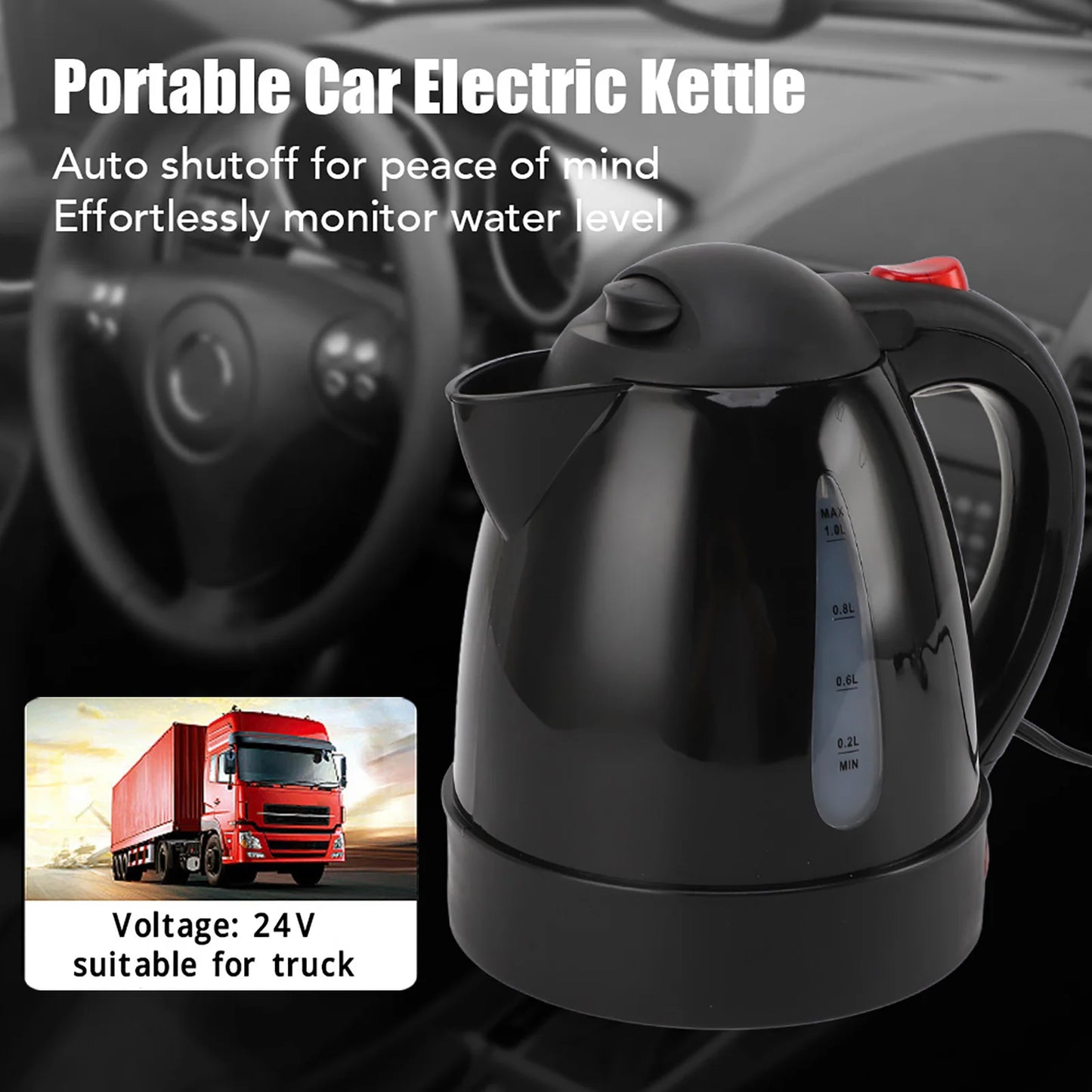 250W Portable Car Electric Kettle with Cigarette Lighter Road Trip 24V Truck Heated Water Tea Coffee Kettle Auto Shut Off 1000ml