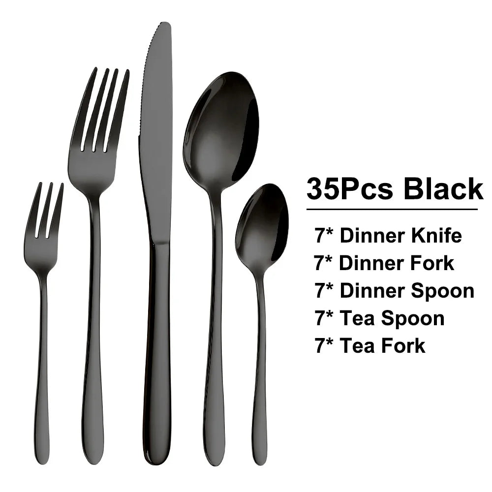 30/35/40 Pieces Western Tableware Stainless Steel Black Cutlery Set Elegant Dinner Set Mirror Knife Fork Spoon Kitchen Utensils
