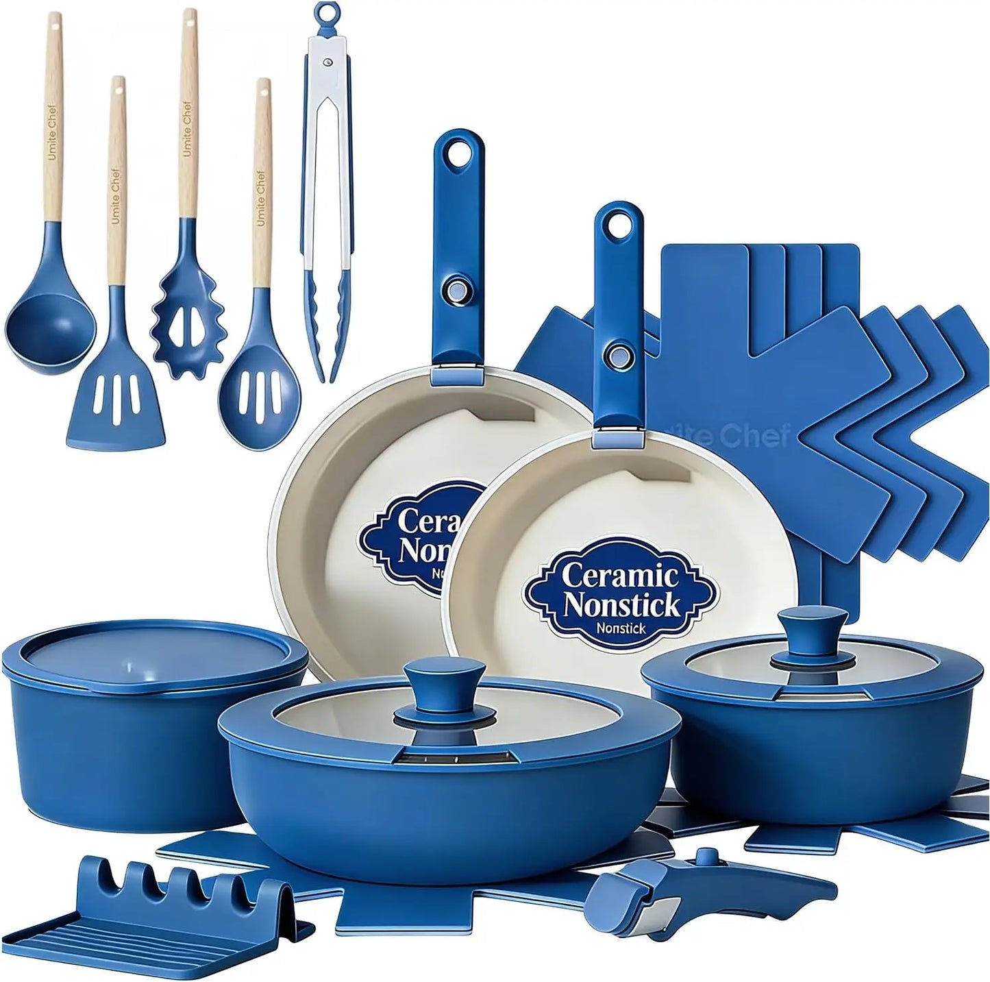 Non Stick Pots and Pans Set, 21 Pcs Ceramic Cookware with Detachable Handles, Induction Ready, Oven Safe, PFAS & PFOA Free, Navy