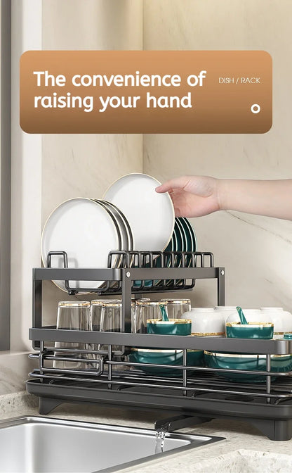 Adjustable Stainless Steel Dish Drying Rack with Drain Board – Over-Sink Plate Holder & Kitchen Storage Organizer