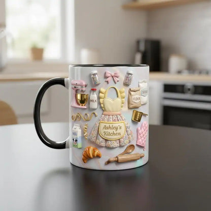 Personalized Baking Lover Mug, 3D Effect Custom Name Baker Mug, Apron Kitchen Coffee Mug, Mother's Day Gift