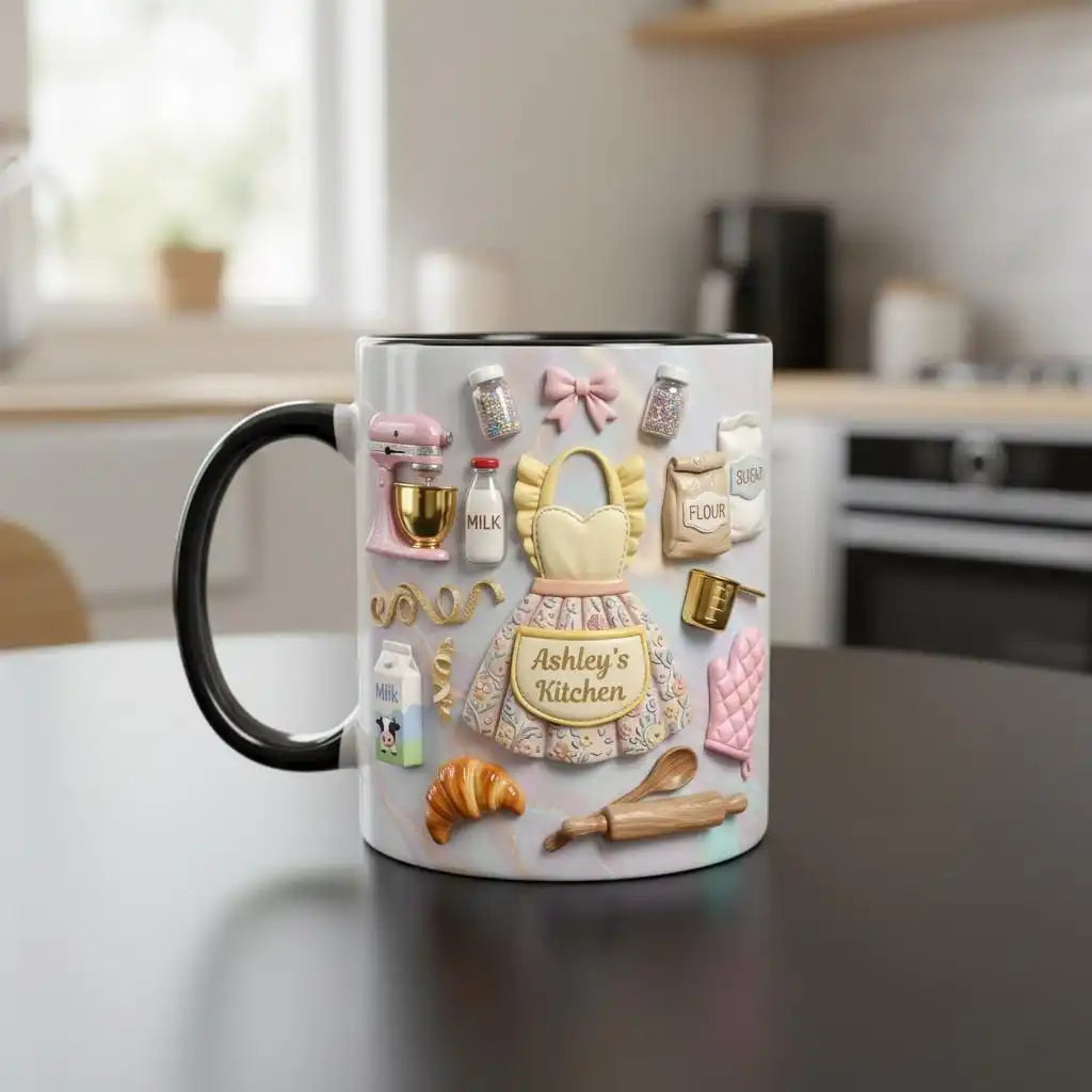 Personalized Baking Lover Mug, 3D Effect Custom Name Baker Mug, Apron Kitchen Coffee Mug, Mother's Day Gift