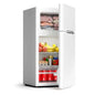 Dorm fridge with freezer for bedroom office kitchen dorm use, white plastic unit with reversible double doors and 2 removable s