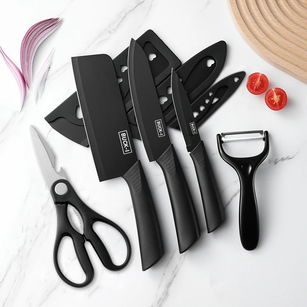 3-5PCS black stainless steel kitchen knife set, including a full set for kitchen, dormitory, household use, chef's knife, fr