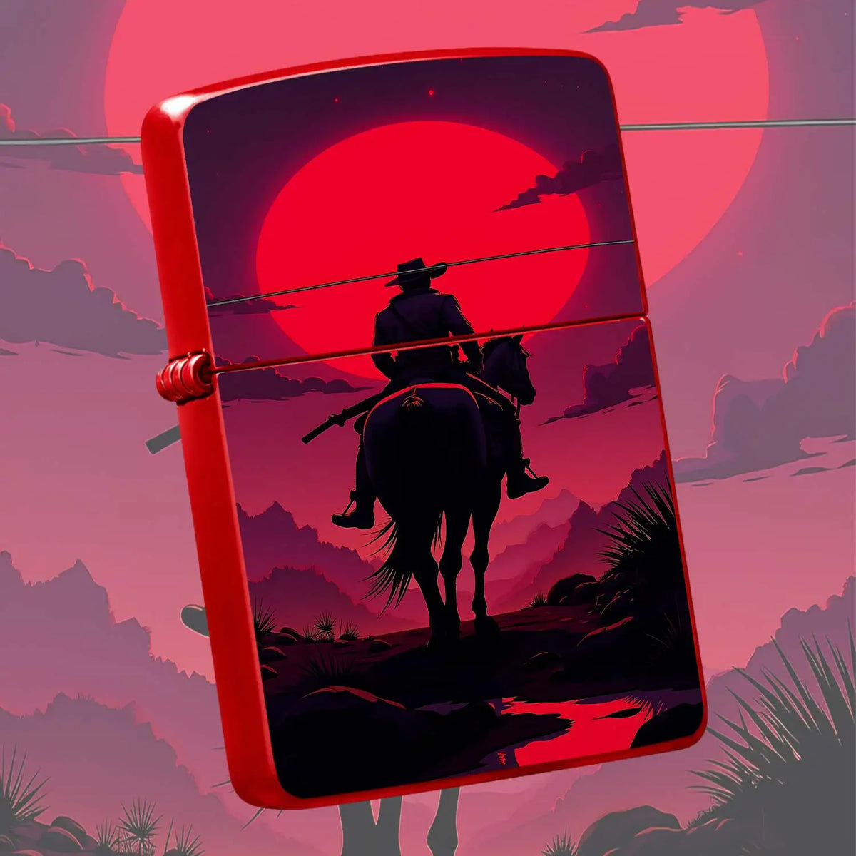 Western Cowboy Rider Horse Silhouette Lighter, Red Sunset Desert Retro Aesthetic Art Pattern Portable Lighter, Ideal For Daily Outdoor Travel Camping, Exquisite Unique Gift For Men And Women, Decorative Practical Access A Hum