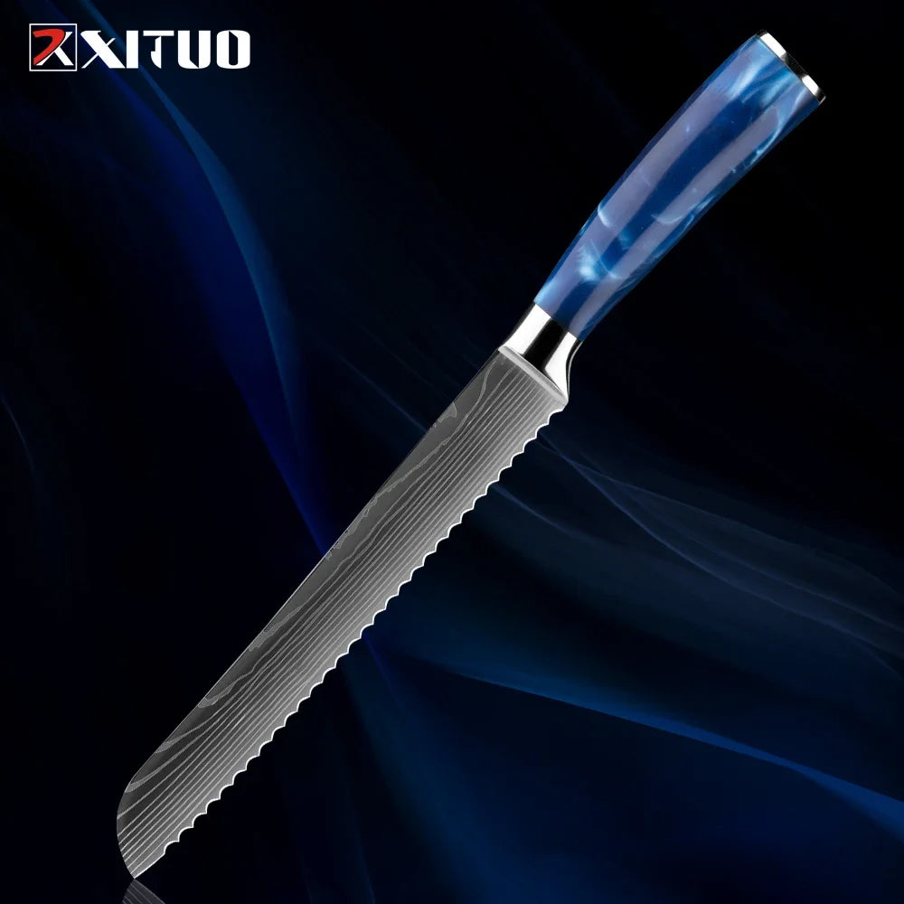 Stainless Steel Chef Knife Kitchen Knife Set 1-8Piece Razor-Sharp Paring Knife, Boning Knife, Santoku Knife, Blue Resin Handle