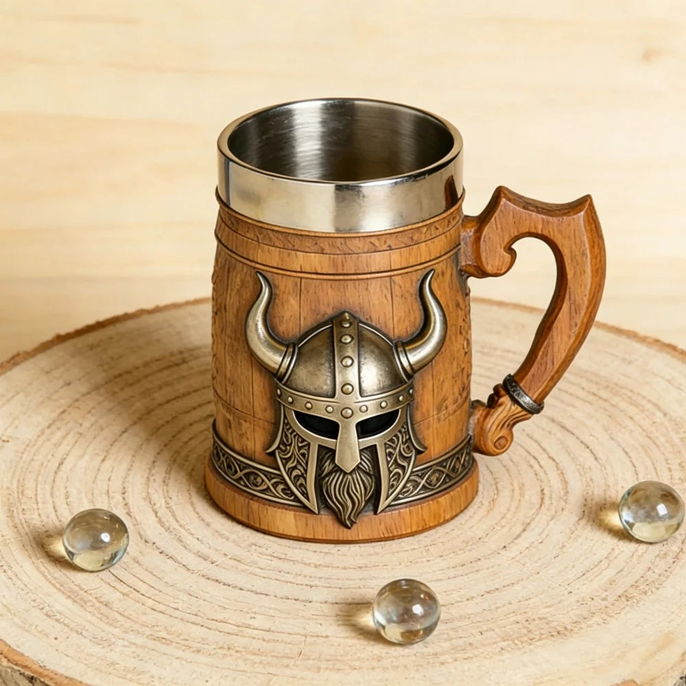 Medieval Revival Viking Pirate Beer Mug "Norse Mythology Odin/Thor Theme" Tankard Nordic Medieval Axe Handle Wood Barrel Stein