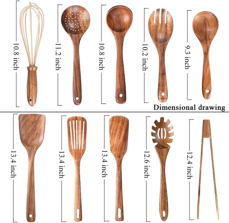 LMETJMA 10 Pack Natural Teak Wooden Kitchen Utensil Set Wooden Spoons Spatula Cooking Utensil Set For Cooking Baking JT503