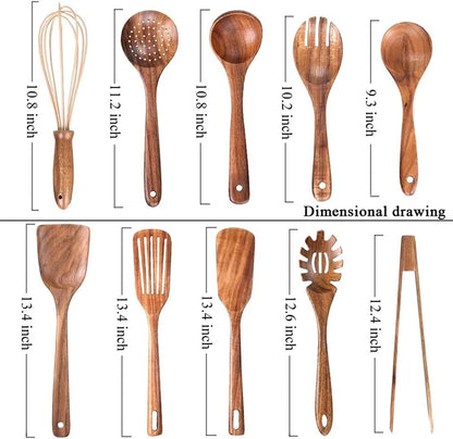 LMETJMA 10 Pack Natural Teak Wooden Kitchen Utensil Set Wooden Spoons Spatula Cooking Utensil Set For Cooking Baking JT503