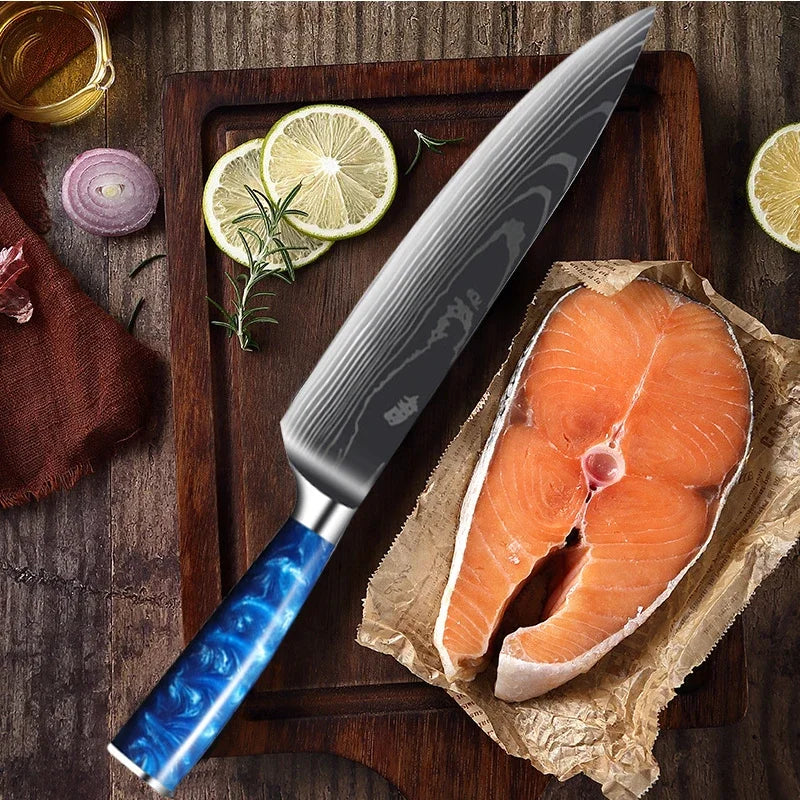 Damascus Pattern Knives Set Stainless Steel Chef Knife Japanese Santoku Knife Boning Knife Meat Cleaver Household Bread Knives