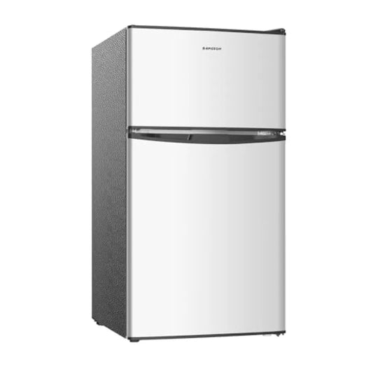 Mini fridge with freezer for bedroom, office, dorm, apartment, garage, RV; black and silver finish; quiet compact design with a