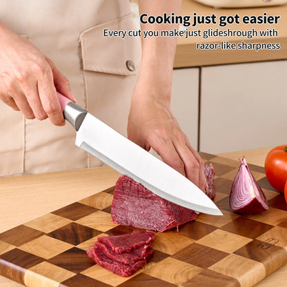 9-Piece Set Stainless Steel Kitchen Knives - with Storage Rack - Ultra-sharp Chef's Knife for Home Cooking Essentials Pink/White