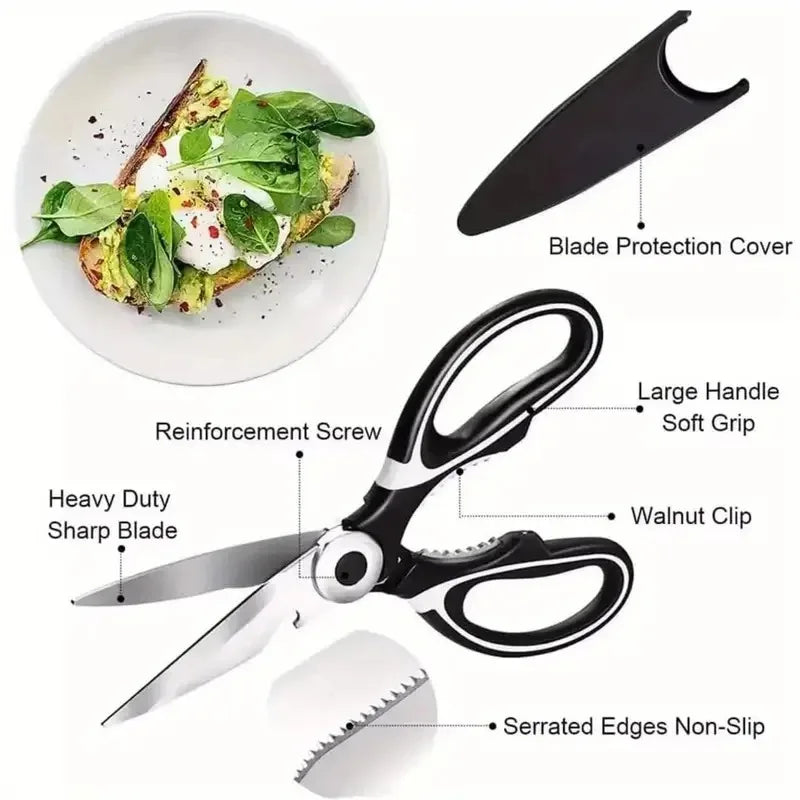 Multifunctional Stainless Steel Kitchen Scissors Heavy Duty for Cutting Bones Vegetables Opening Bottles Cracking Nuts