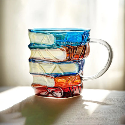 JUSTINLAU Irregular Painted Book Mug Coffee Cup High Borosilicate Glass Drinking Cup with Handle Book Cup Beer Mug Breakfast Cup
