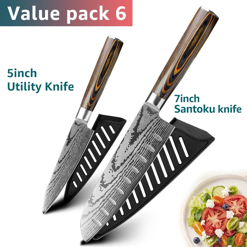 Kitchen Knife Set Professional Chef Knife 7CR17 Germany Stainless Steel Damascus Laser Meat Cleaver Slicing Santoku Cutter Tools