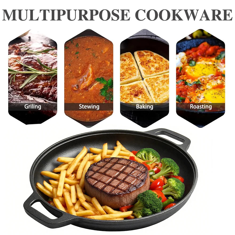 Multi-Function Cast Iron Griddle Skillet - Non-Stick Pan For Pizza, BBQ, Pancakes - Compatible with All Stovetops