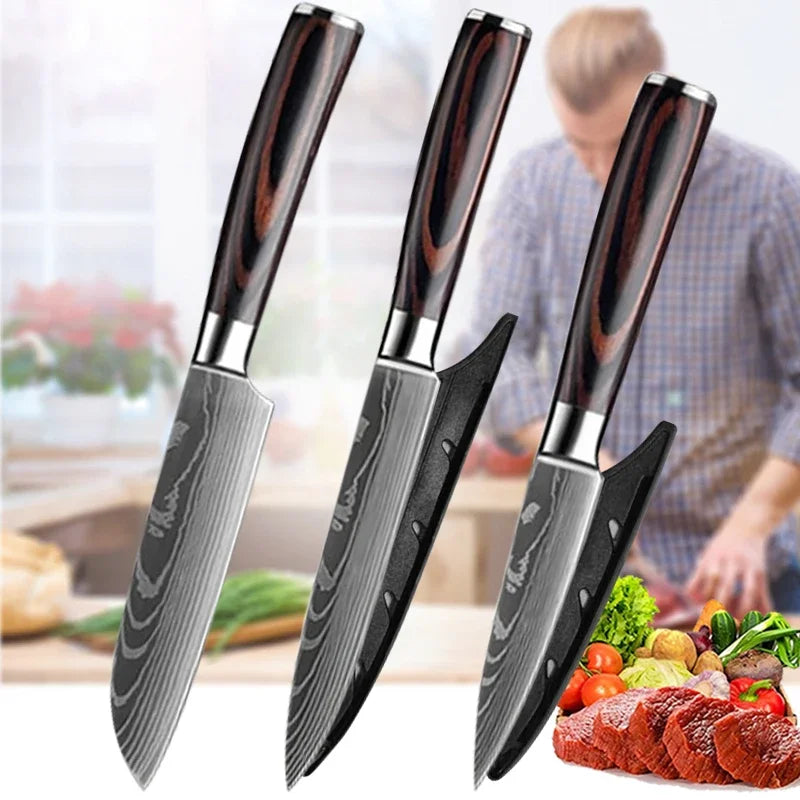 WXCOO 1~3 Pcs Knife Kitchen Utility Damascus Laser Santoku Japanese Chef Cleaver Slicing Wooden Handle Kitchen Accessories