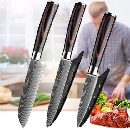 WXCOO 1~3 Pcs Knife Kitchen Utility Damascus Laser Santoku Japanese Chef Cleaver Slicing Wooden Handle Kitchen Accessories