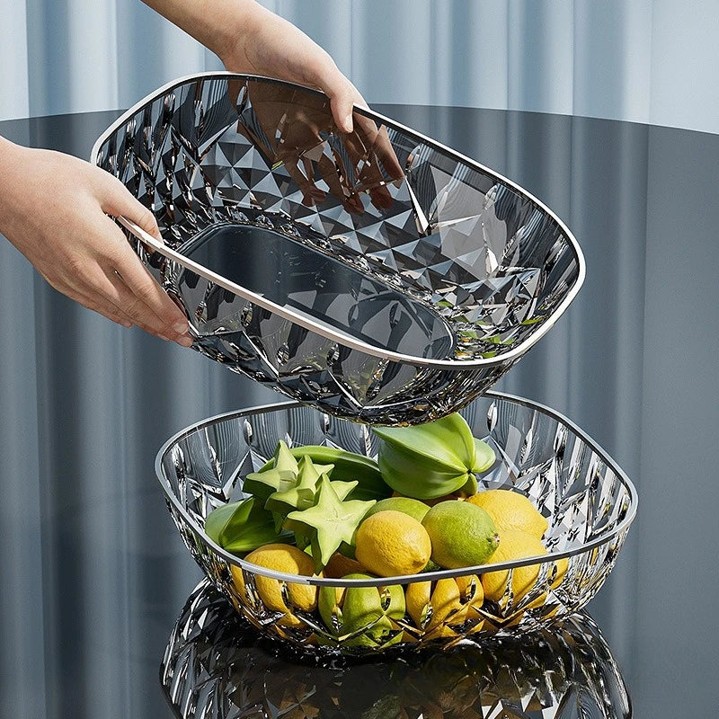 1pcs Household Fruit Bowl Salad Dessert Biscuit Plate Plastic Square Transparent Tray Golden Edge Snack Plates Tableware