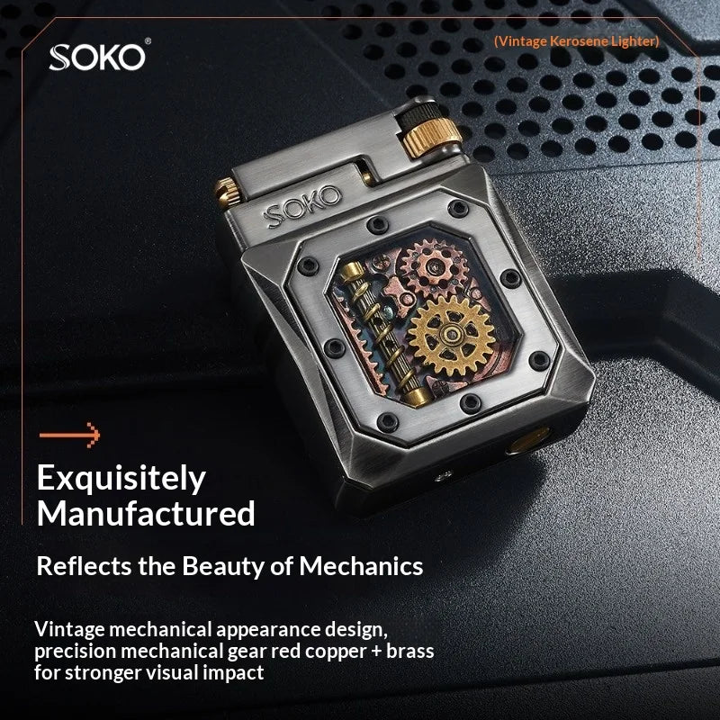 2026 Mechanical Style Press Open Cover Open Flame Kerosine Lighter Zinc Alloy Double sided Pattern Visual Oil Tank Lighters Gift
