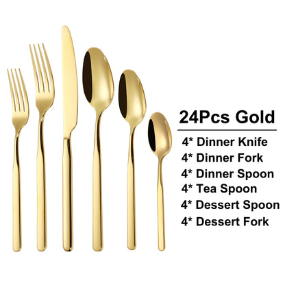 4/6/12/16/18/20/24Pcs Gold Cutlery Set Stainless Steel 304 Tableware Elegant Western Knife Fork Spoon Mirror Dinner Set