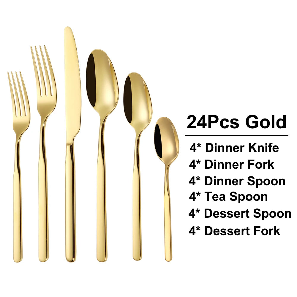 4/6/12/16/18/20/24Pcs Gold Cutlery Set Stainless Steel 304 Tableware Elegant Western Knife Fork Spoon Mirror Dinner Set