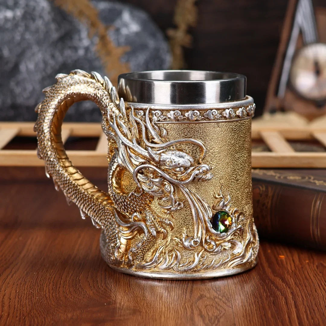 600ML Golden Copper Dragon Beer Resin Tankard 304 Stainless Steel  Medieval Tea Cup Coffee Beer Mug Copper Color New Party Bar
