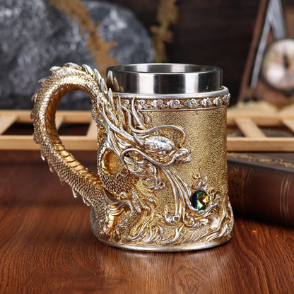 600ML Golden Copper Dragon Beer Resin Tankard 304 Stainless Steel  Medieval Tea Cup Coffee Beer Mug Copper Color New Party Bar