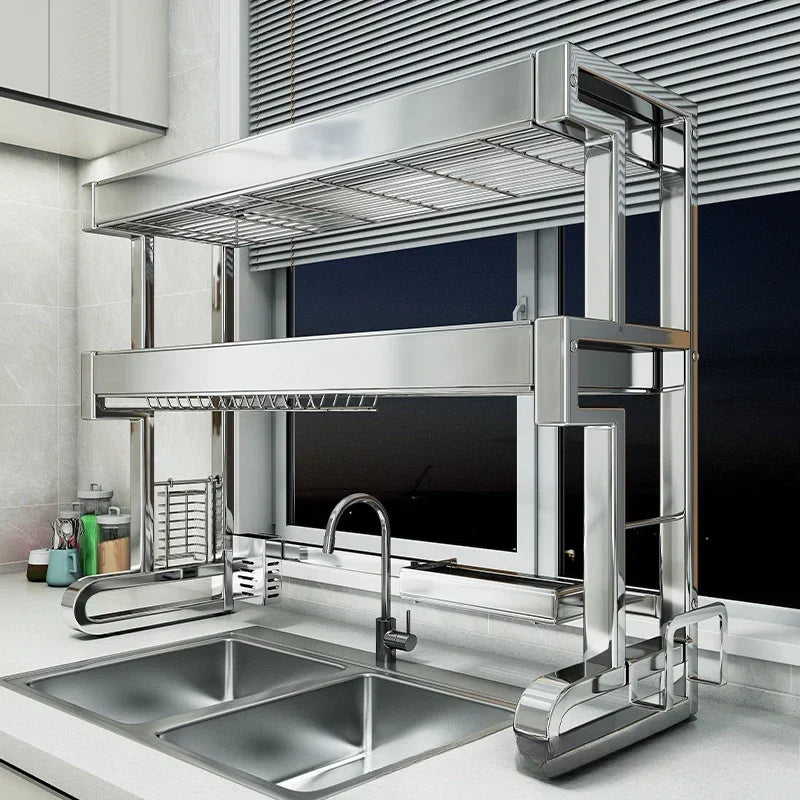 304 Stainless Steel Sink Storage Rack 2 Layers Kitchen Shelf Multifunctional Bowl Dish Drain Basket Space Saving Organize Shelf