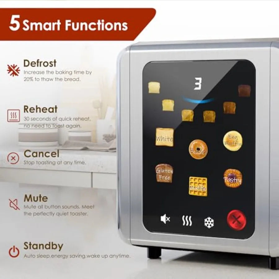 Full Touch Screen 2-Slice Stainless Steel Toaster with 1.5'' Wide Slot Digital Timer 6 Bread Types 6 Shade Settings Crumb