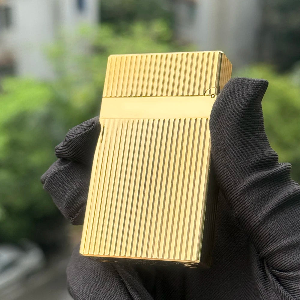 Brass Vertical Pattern Gas Lighter, Ping Sound Soft Flame Refillable Butane Vintage Lighter for Men Cigarette Cigar