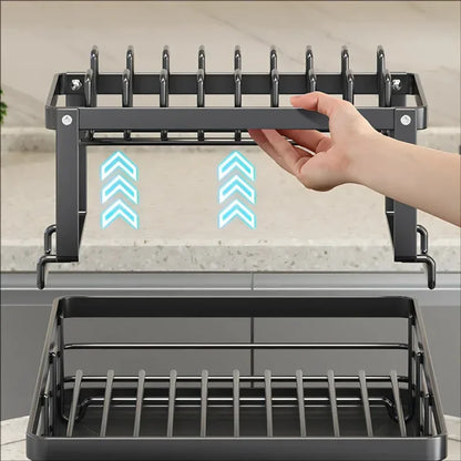 Adjustable Stainless Steel Dish Drying Rack with Drain Board – Over-Sink Plate Holder & Kitchen Storage Organizer